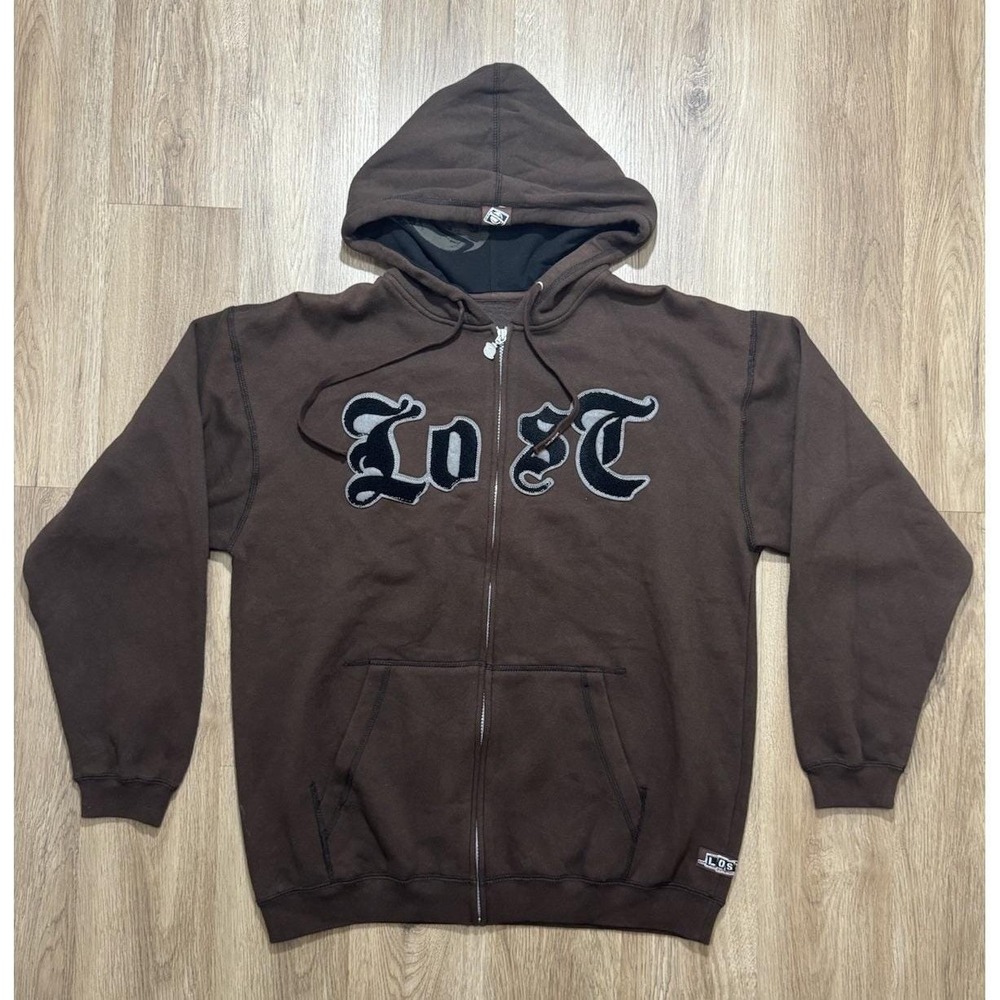 Y2K Lost Enterprises Surfboard Brown‎ Zip Up Hoodie Size M